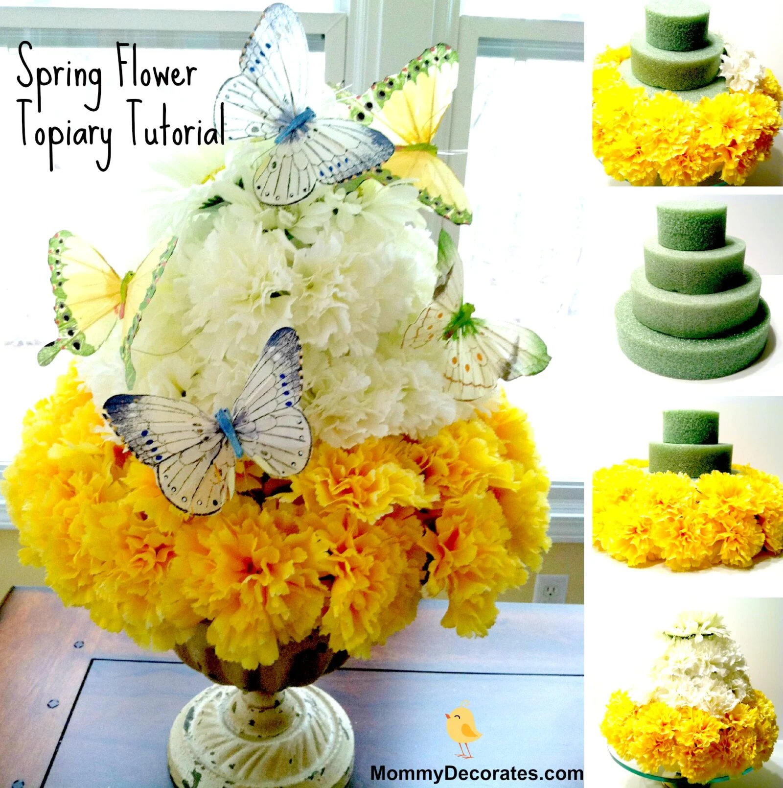 Spring flower topiary with yellow flowers and paper butterflies