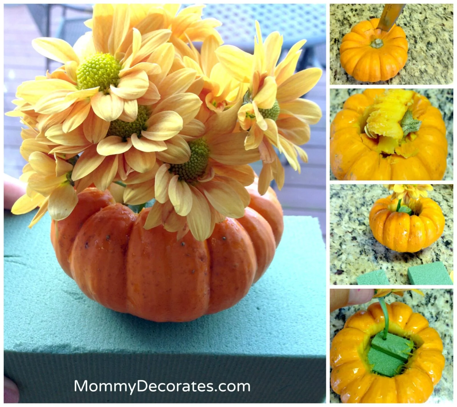 Pumpkin vase arrangement with yellow daisies