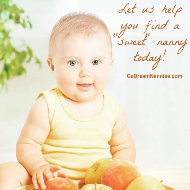 Baby with apples and text: Let us help you find a sweet nanny today