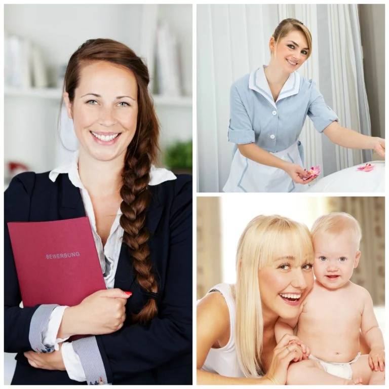 Collage of a woman with a folder, a housekeeper and a mother with a baby