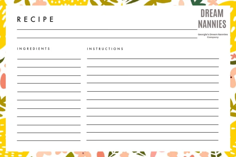 Blank recipe card template with ingredients and instructions sections