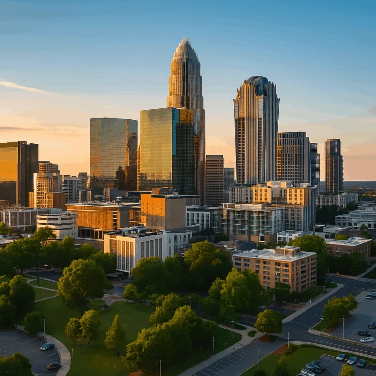 Charlotte, North Carolina skyline at sunset