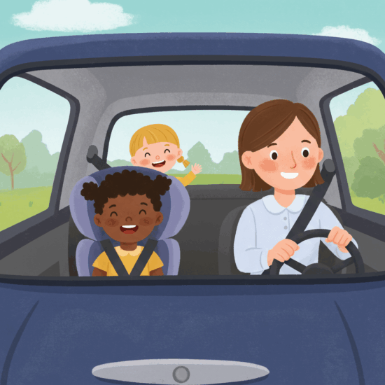 A friendly nanny driving two happy children in a modern, safe car, emphasizing reliable and safe transportation for families.