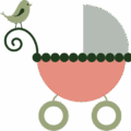 Pink baby stroller with bird sitting on top of it.