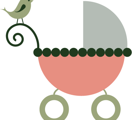 Pink baby stroller with bird sitting on top of it.
