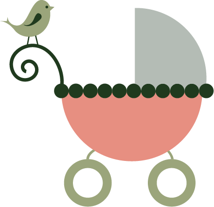 Pink baby stroller with bird sitting on top of it.