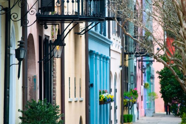 Charleston, SC — Rainbow Row streetscape for Charleston nanny salary guide