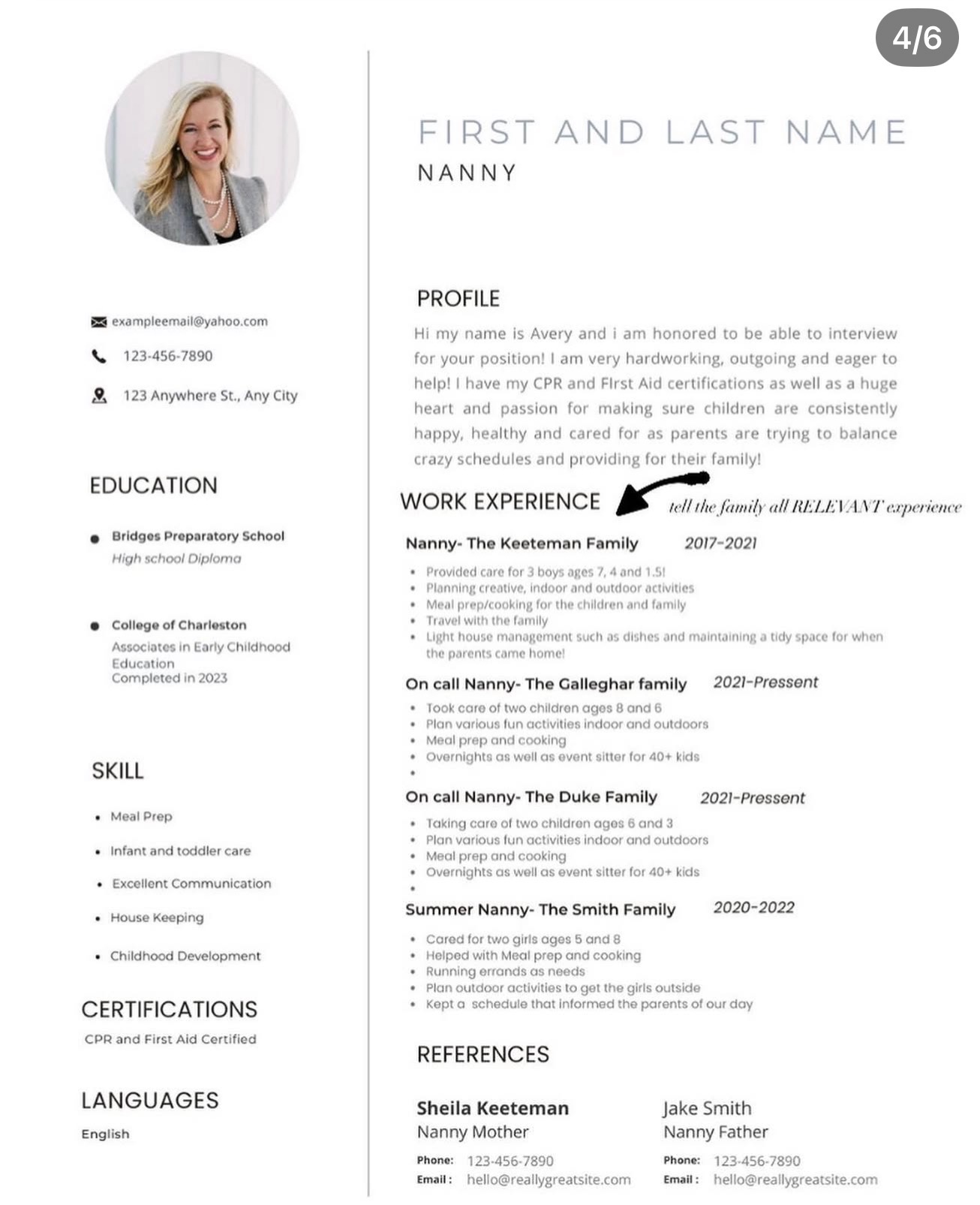 Work Experience Section on a Nanny Resume