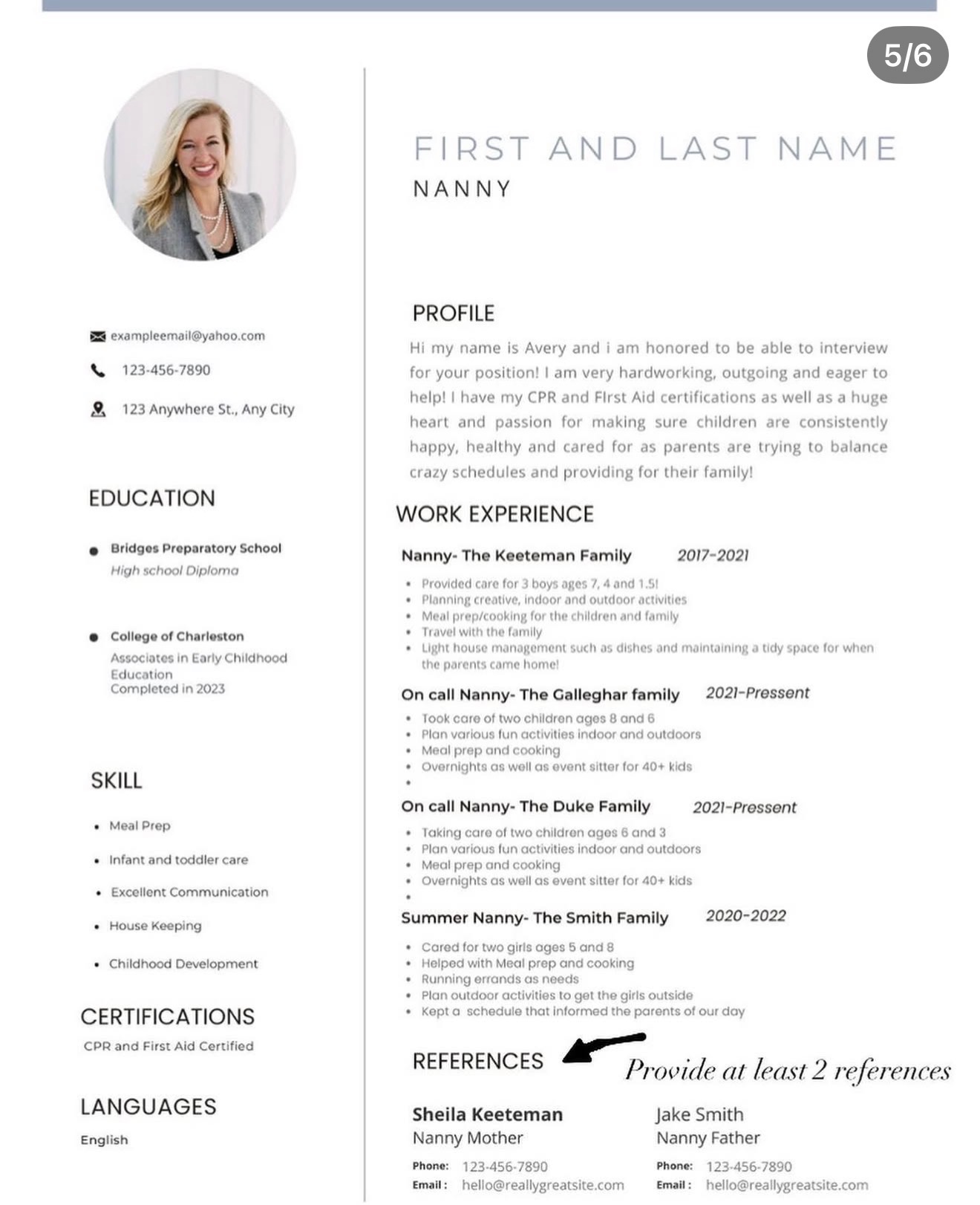 References Section on a Nanny Resume