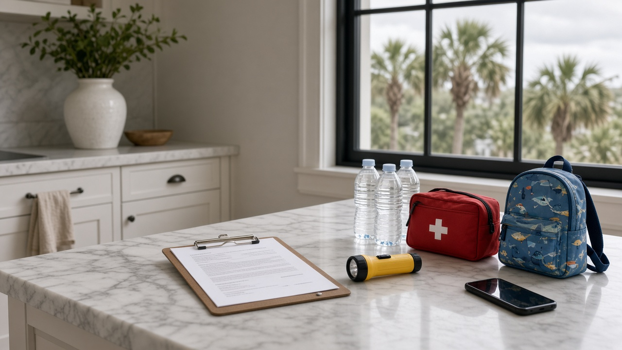Hurricane storm plan, flashlight, water and first-aid kit on a Charleston kitchen counter