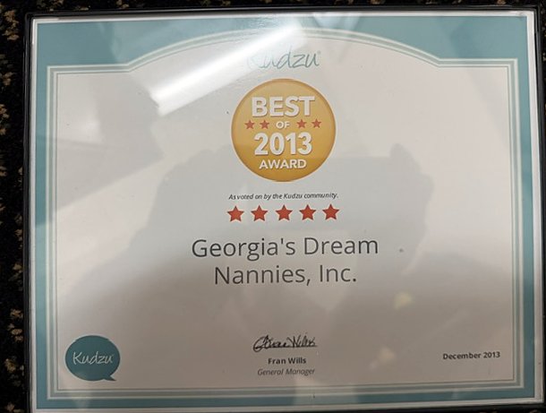 Best of Kudzu 2013 award certificate for Georgia's Dream Nannies, Inc., the agency founded by Serra Deville