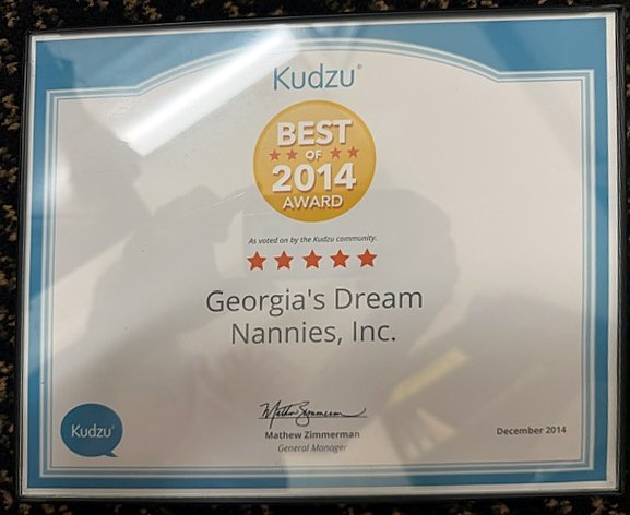 Best of Kudzu 2014 award certificate for Georgia's Dream Nannies, Inc., the agency founded by Serra Deville