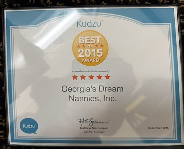 Best of Kudzu 2015 award certificate for Georgia's Dream Nannies, Inc., the agency founded by Serra Deville