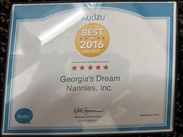 Best of Kudzu 2016 award certificate for Georgia's Dream Nannies, Inc., the agency founded by Serra Deville