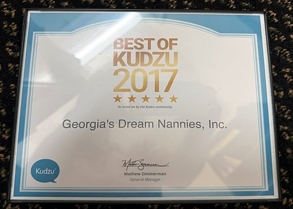 Best of Kudzu 2017 award certificate for Georgia's Dream Nannies, Inc., the agency founded by Serra Deville