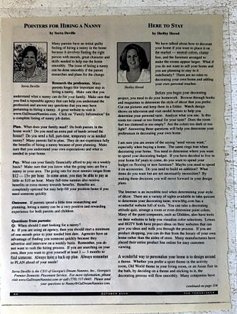 Towne Laker Magazine, October 2006: column 'Pointers for Hiring a Nanny' by Serra Deville of Georgia's Dream Nannies